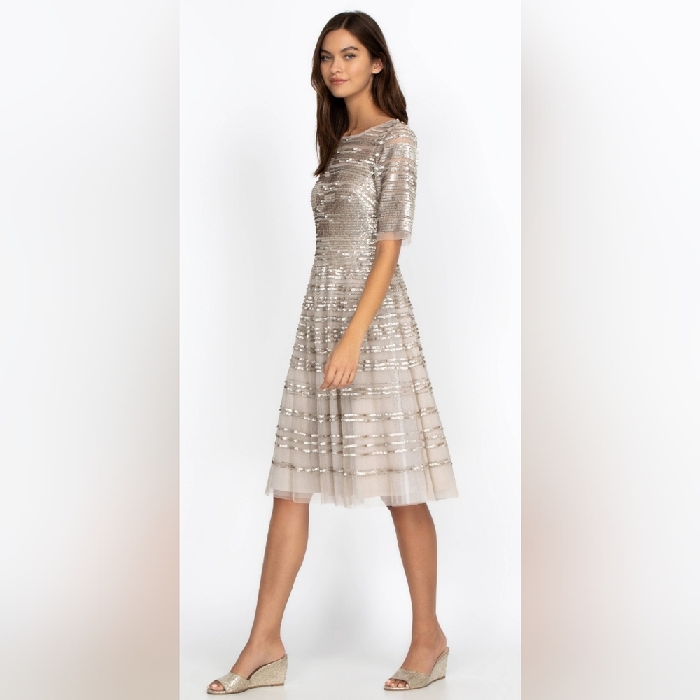 NWT Size 10 c Johnny Was Champagne Beaded Sequin Midi Cocktail Dress